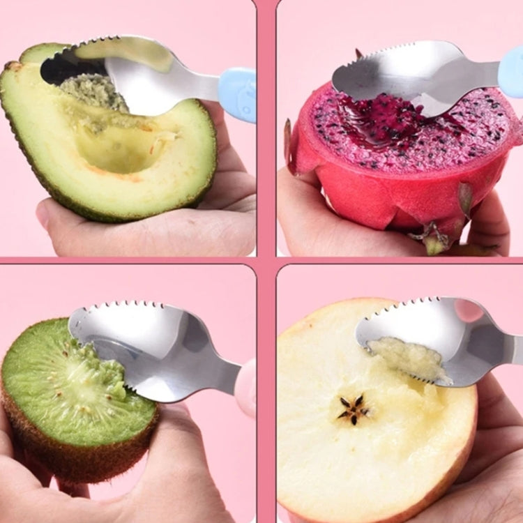 Baby Fruit Double-Ended Scraping Spoon 304 Stainless Steel Silicone Soft Spoon, Color: Blue