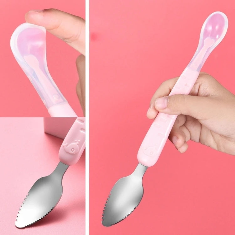 Baby Fruit Double-Ended Scraping Spoon 304 Stainless Steel Silicone Soft Spoon, Color: Blue
