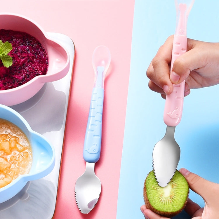 Baby Fruit Double-Ended Scraping Spoon 304 Stainless Steel Silicone Soft Spoon, Color: Blue
