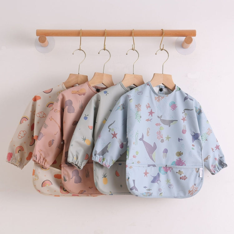 Long Sleeved Baby Bib Waterproof Washable Easy Clean Smock With Pocket, Size: L(Animals)
