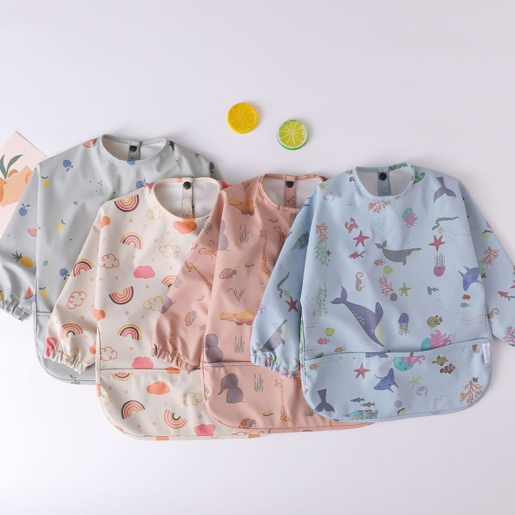 Long Sleeved Baby Bib Waterproof Washable Easy Clean Smock With Pocket, Size: L(Animals)