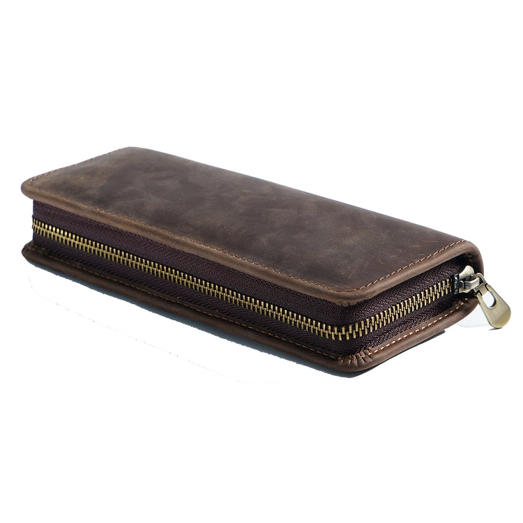 Retro Crazy Horse Leather Square Pencil Case Genuine Leather Zipper Pen box(Coffee)