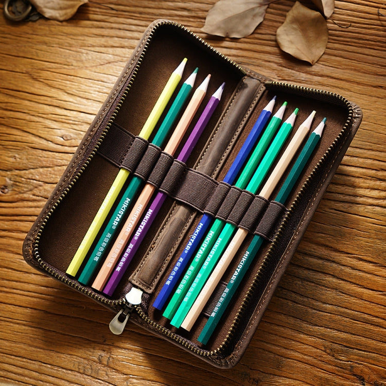 Retro Crazy Horse Leather Square Pencil Case Genuine Leather Zipper Pen box(Brown)