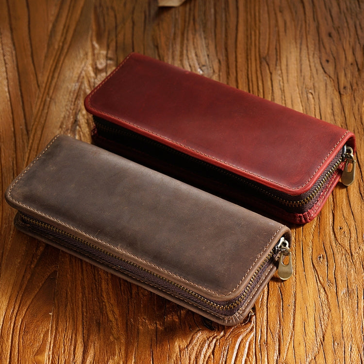 Retro Crazy Horse Leather Square Pencil Case Genuine Leather Zipper Pen box(Coffee)