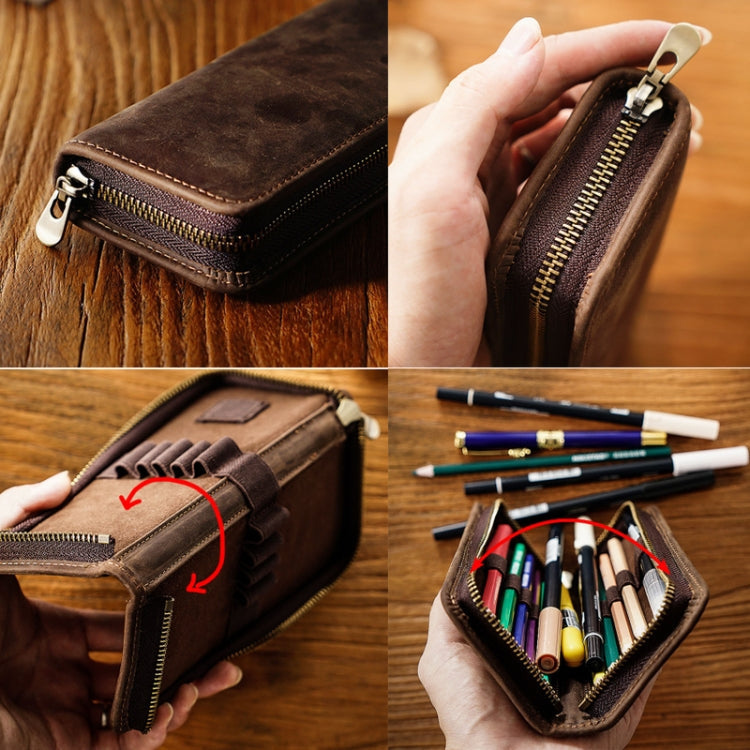 Retro Crazy Horse Leather Square Pencil Case Genuine Leather Zipper Pen box(Coffee)