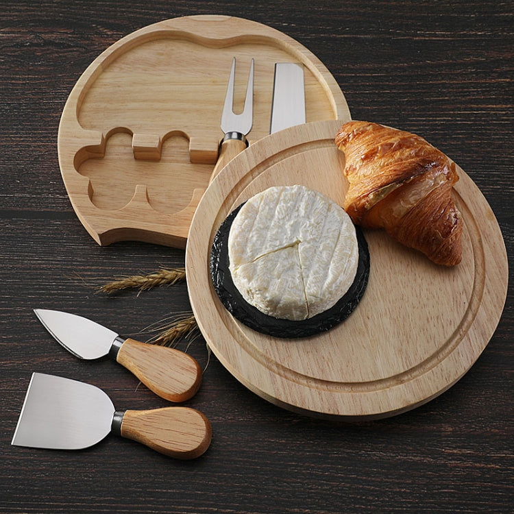 4pcs /Set Round Oak Box Cheese Knife Spatula Stainless Steel Cheese Tools Cutlery, Color: Steel Color