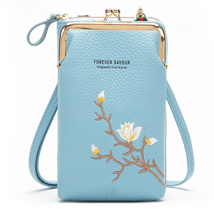 Mini Embroidered Single-shoulder Phone Bag Crossbody Long Ladies Wallet, Color: Blue