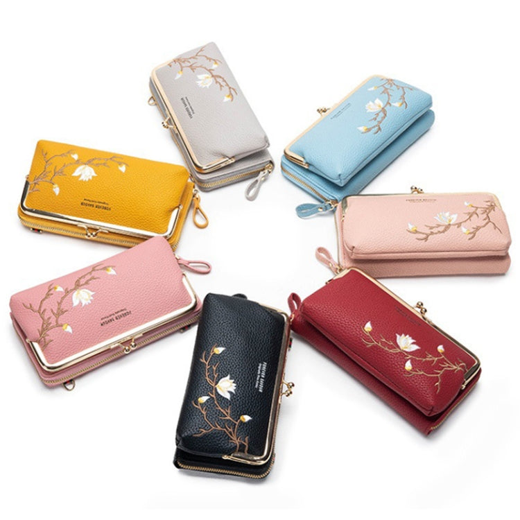 Embroidered Large Capacity Single-shoulder Phone Bag Crossbody Zipper Long Ladies Wallet, Color: Black