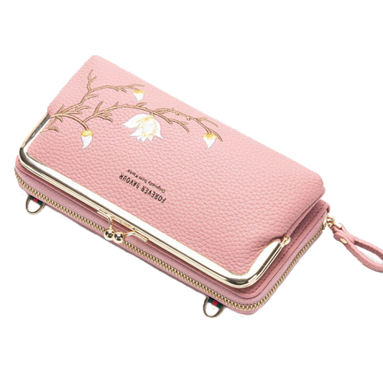 Embroidered Large Capacity Single-shoulder Phone Bag Crossbody Zipper Long Ladies Wallet, Color: Black