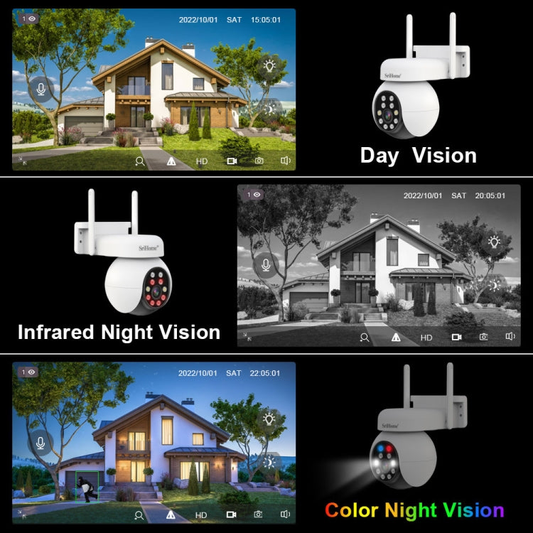 SriHome SH052 Wifi 5MP Wireless PTZ IP AI Auto Tracking Sound&Light Alarm Starlight Color Night Vision Outdoors Surveillance Camera, Plug: EU