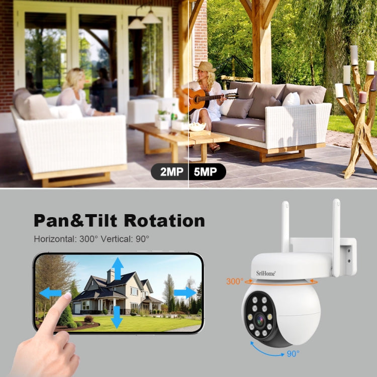 SriHome SH052 Wifi 5MP Wireless PTZ IP AI Auto Tracking Sound&Light Alarm Starlight Color Night Vision Outdoors Surveillance Camera, Plug: EU