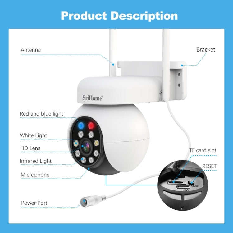 SriHome SH052 Wifi 5MP Wireless PTZ IP AI Auto Tracking Sound&Light Alarm Starlight Color Night Vision Outdoors Surveillance Camera, Plug: EU