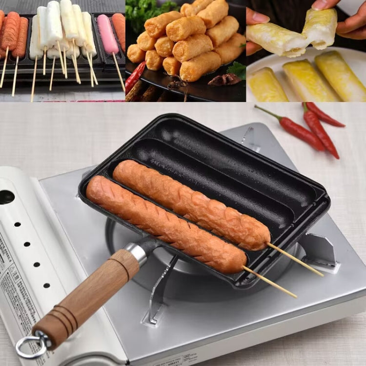 Cast Iron Grill Pan 4-Grid Non-Stick Sausage Grill Pan With Wood Handle(KC-04)