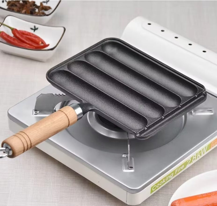 Cast Iron Grill Pan 4-Grid Non-Stick Sausage Grill Pan With Wood Handle(KC-04)