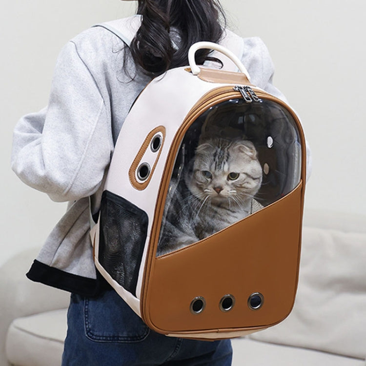 PU Pet Bag Cats And Dogs Outing Carrying Capsule Double Shoulder Backpacks(Model 1 Beige)