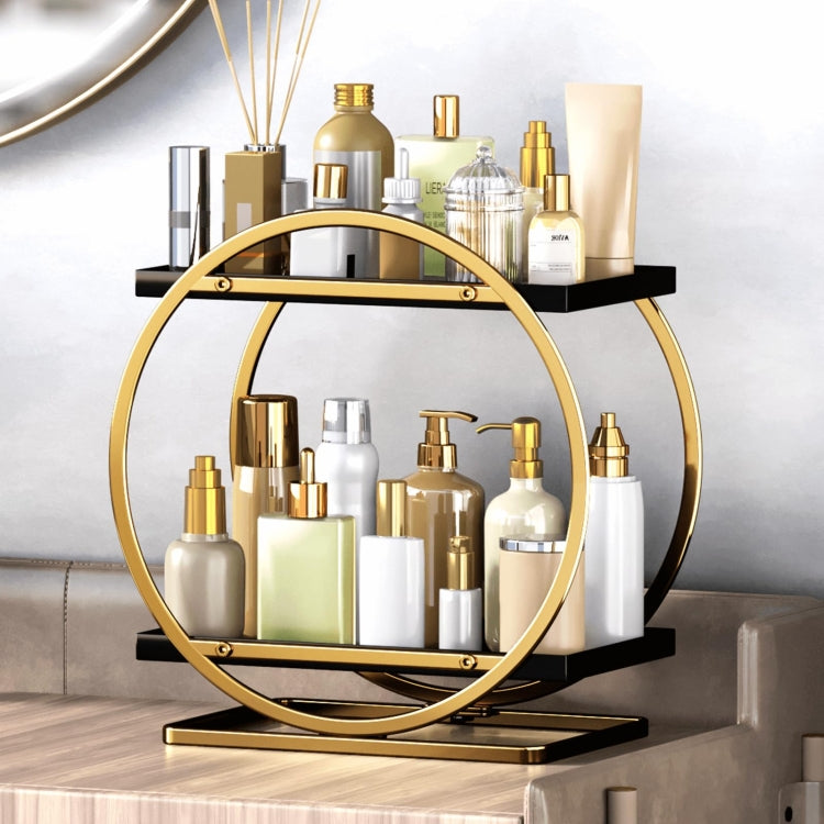 2 Tier Cosmetic Display Tray Makeup Organizer and Storage for Dresser Bathroom(Black with Gold)