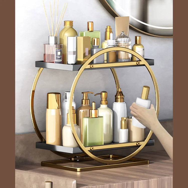 2 Tier Cosmetic Display Tray Makeup Organizer and Storage for Dresser Bathroom(Black with Gold)