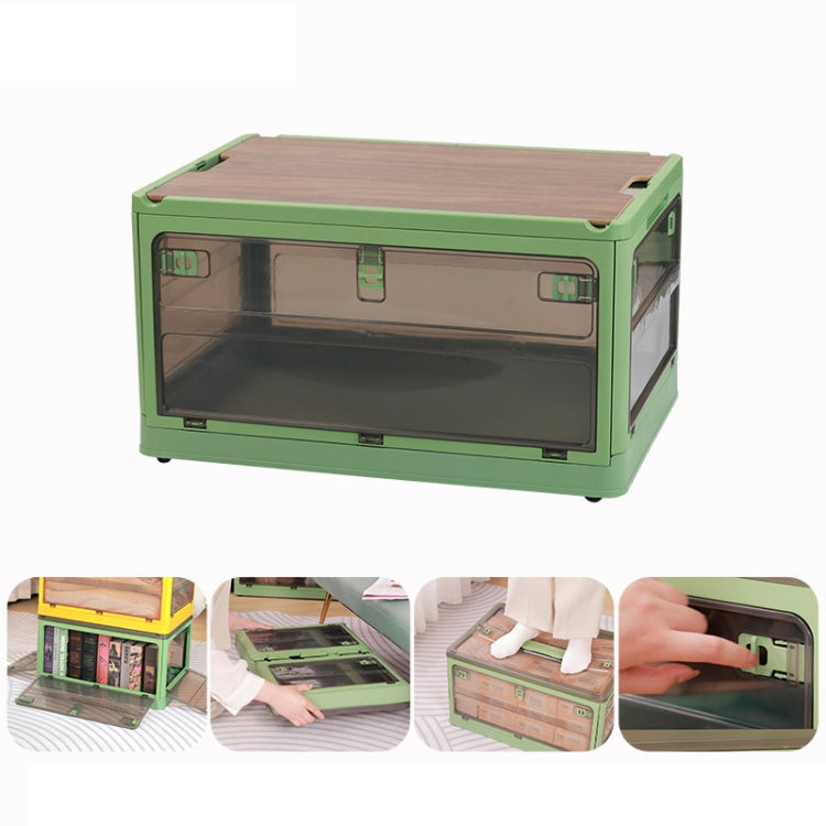Folding Plastic Storage Box Stackable Storage Organizer with Wheels  37 x 26.5 x 22 cm, Color: Green Wooden Lid