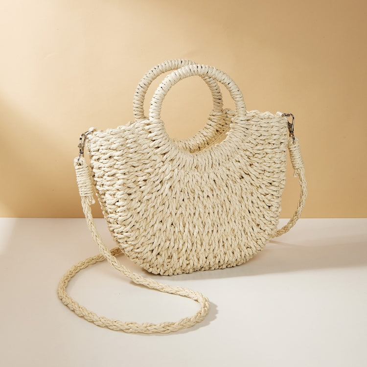 Half-moon Shape Straw Tote Bag Cross-body Woven Beach Single-shoulder Bag, Color: Beige