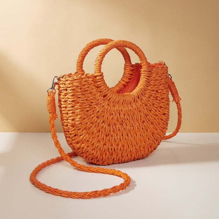 Half-moon Shape Straw Tote Bag Cross-body Woven Beach Single-shoulder Bag, Color: Orange Red