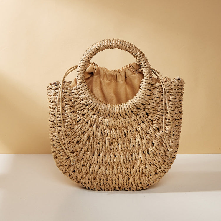 Half-moon Shape Straw Tote Bag Cross-body Woven Beach Single-shoulder Bag, Color: Beige