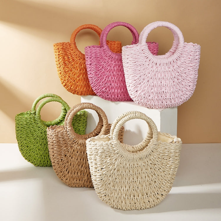Half-moon Shape Straw Tote Bag Cross-body Woven Beach Single-shoulder Bag, Color: Pink