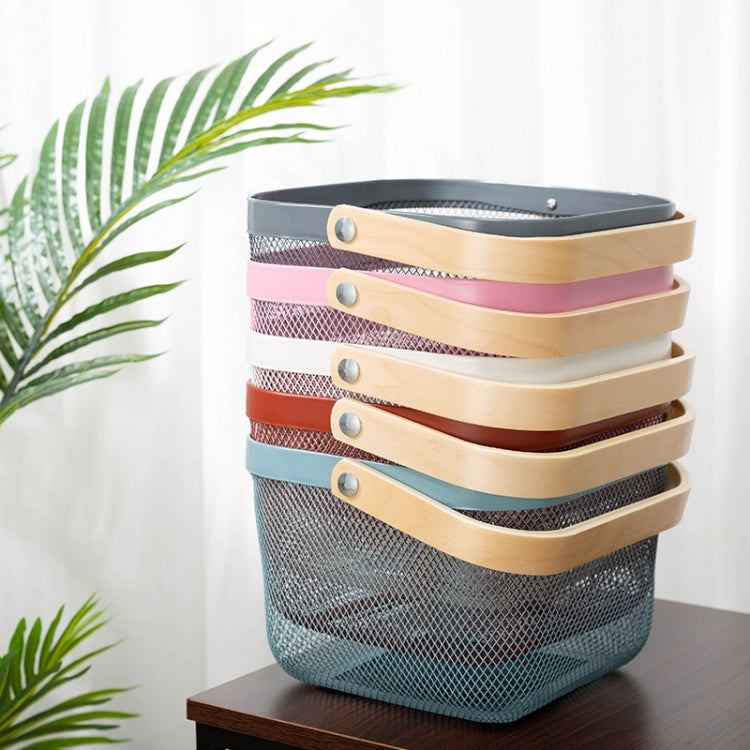 Square  Wooden Handle Mesh Basket Snack Fruit Storage Basket(Grey)