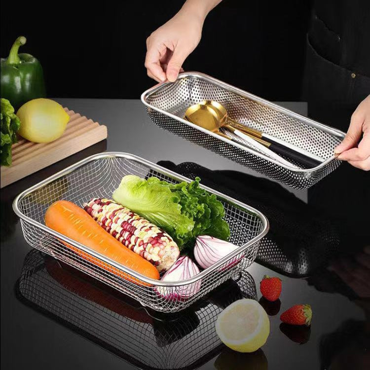 Kitchen Sterilization Cabinet Cutlery Organizer Household Stainless Steel Drainage Tray, Model: Perforated Rectangular Basket Large