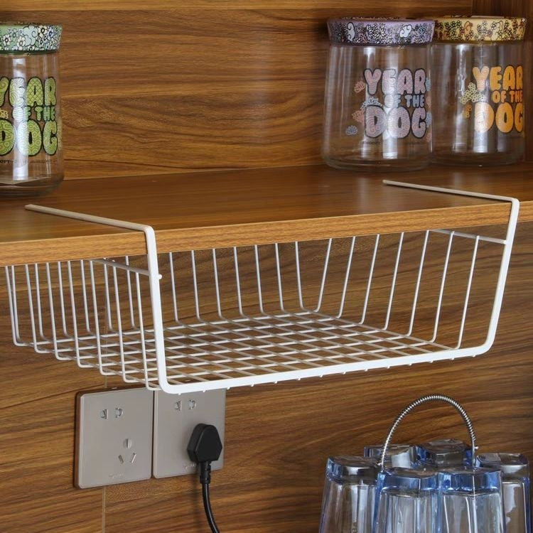 40x25x14cm Closet Organizer Metal Shelf Kitchen Cabinet Under Hanging Shelf(White)