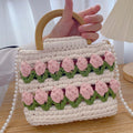 Homemade Tulip Hand Knitting Bag Cloth Strip Line DIY Material Kit With Pearl Shoulder Strap(Beige x Fruit Green x Light Pink)