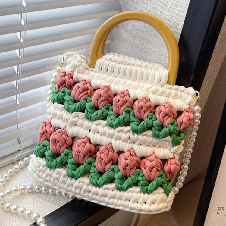 Homemade Tulip Hand Knitting Bag Cloth Strip Line DIY Material Kit With Pearl Shoulder Strap(Beige x Grass Green x  Bean Paste Pink)