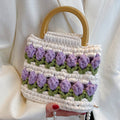 Homemade Tulip Hand Knitting Bag Cloth Strip Line DIY Material Kit With Pearl Shoulder Strap(Beige x Fruit Green x Purple)