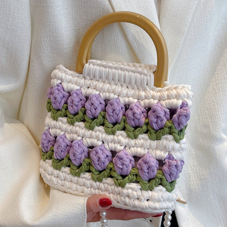 Homemade Tulip Hand Knitting Bag Cloth Strip Line DIY Material Kit With Pearl Shoulder Strap(Beige x Fruit Green x Purple)
