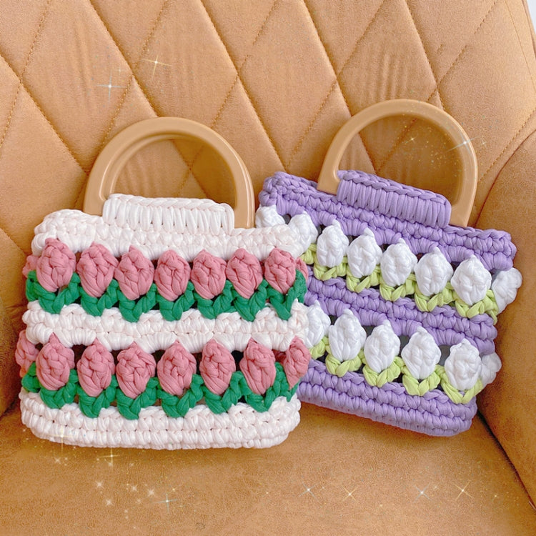 Homemade Tulip Hand Knitting Bag Cloth Strip Line DIY Material Kit With Pearl Shoulder Strap(Beige x Fruit Green x Light Pink)