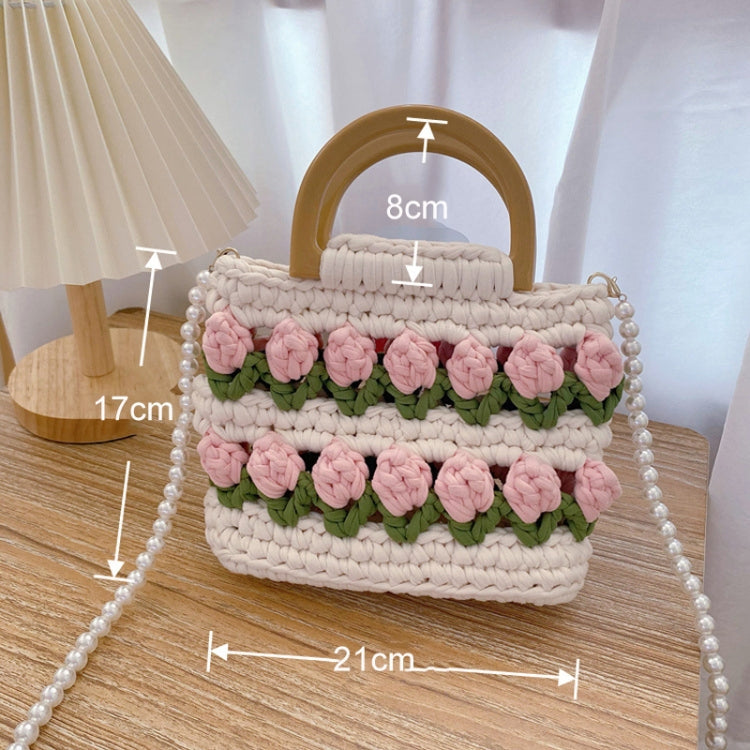 Homemade Tulip Hand Knitting Bag Cloth Strip Line DIY Material Kit With Pearl Shoulder Strap(Beige x Fruit Green x Light Pink)