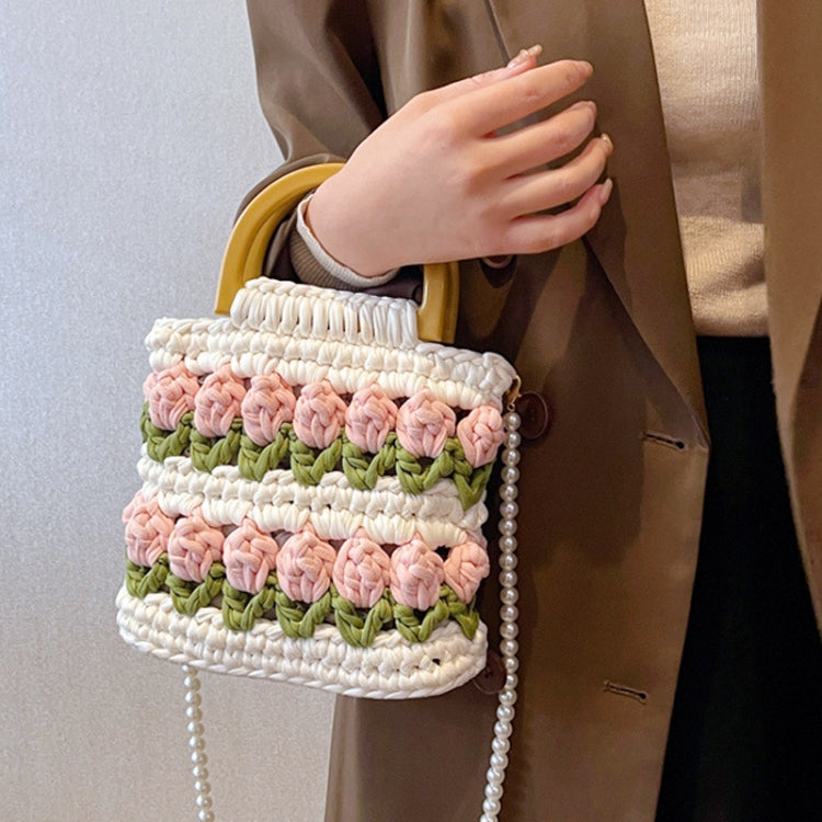 Homemade Tulip Hand Knitting Bag Cloth Strip Line DIY Material Kit With Pearl Shoulder Strap(Beige x Fruit Green x Purple)