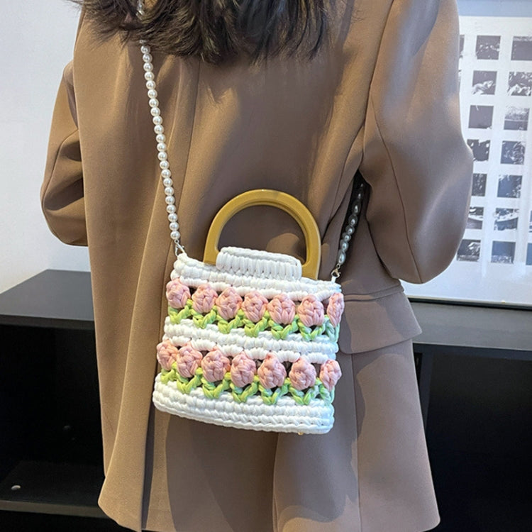 Homemade Tulip Hand Knitting Bag Cloth Strip Line DIY Material Kit With Pearl Shoulder Strap(Beige x Grass Green x  Bean Paste Pink)