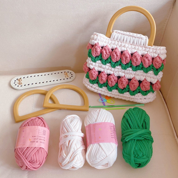 Homemade Tulip Hand Knitting Bag Cloth Strip Line DIY Material Kit With Pearl Shoulder Strap(Beige x Fruit Green x Light Pink)