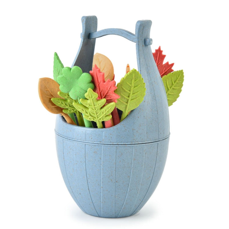 16pcs Fruit Forks + 1pc Barrel Mini Wheat Fiber Material Tableware Set Snack Dessert Forks(Blue)