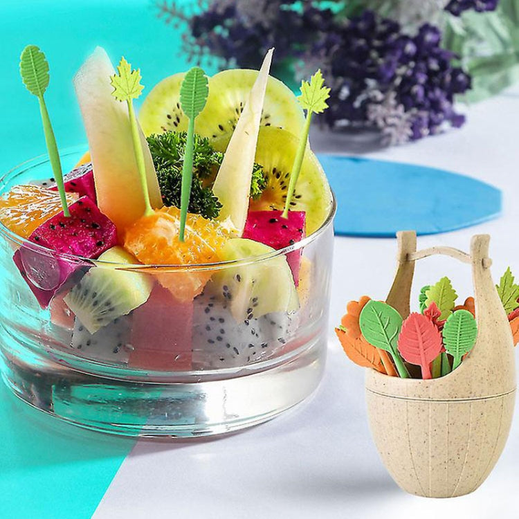 16pcs Fruit Forks + 1pc Barrel Mini Wheat Fiber Material Tableware Set Snack Dessert Forks(Brown)