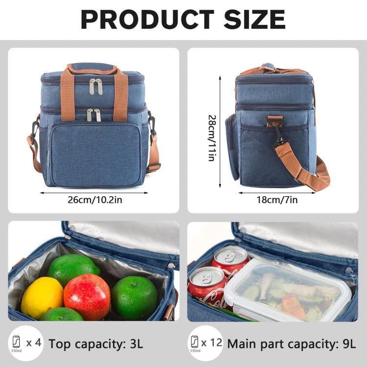 Double Layer Insulated Lunch Bag Large Capacity Food Cooler Bag with Shoulder Strap(Navy Blue)