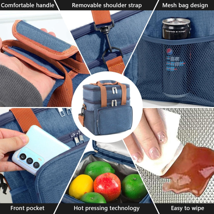 Double Layer Insulated Lunch Bag Large Capacity Food Cooler Bag with Shoulder Strap(Navy Blue)