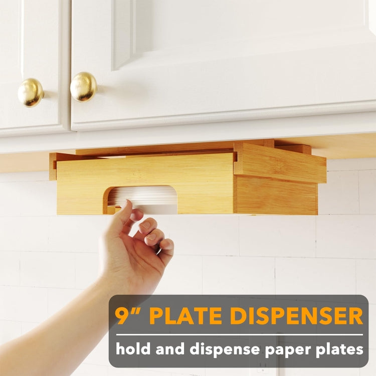 9-inch Paper Plate Dispenser Under Cabinet Bamboo Plates Holder Kitchen Storage Rack 24 x 26.5 x 6.5(Black)