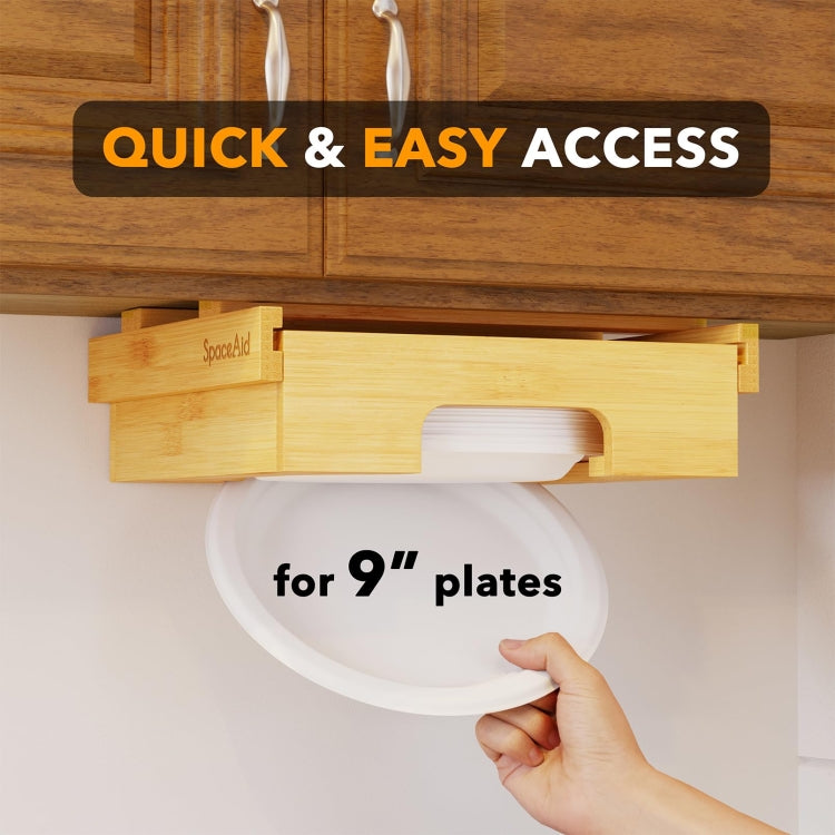 9-inch Paper Plate Dispenser Under Cabinet Bamboo Plates Holder Kitchen Storage Rack 24 x 26.5 x 6.5(Black)