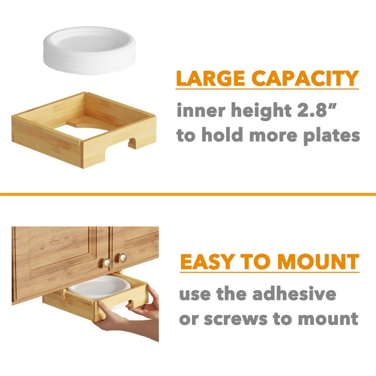 9-inch Paper Plate Dispenser Under Cabinet Bamboo Plates Holder Kitchen Storage Rack 24 x 26.5 x 6.5(Wood Color)