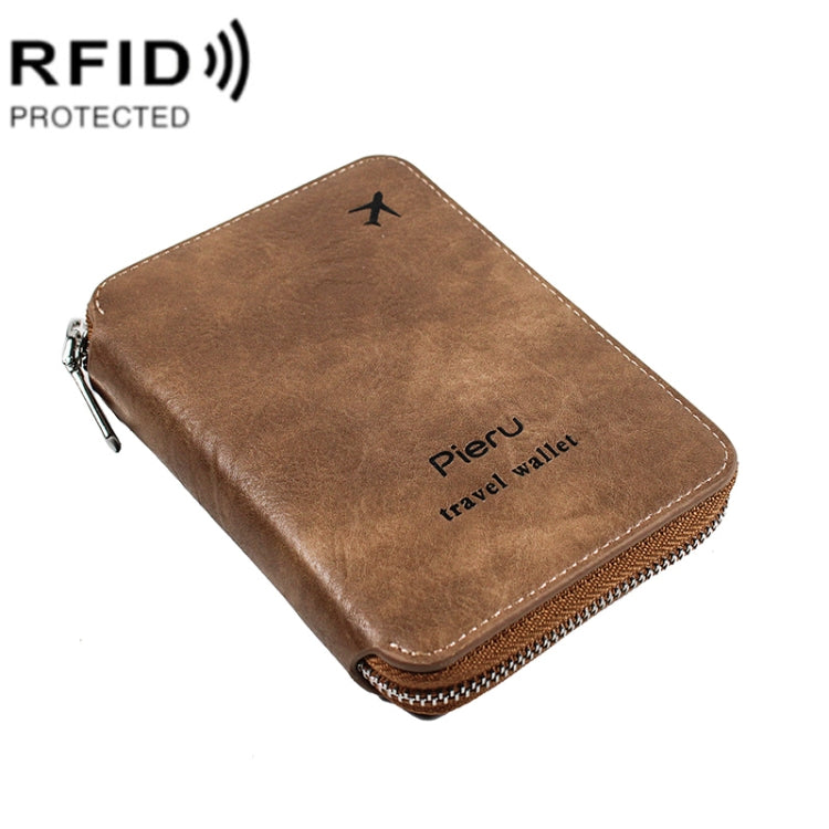 RFID Anti-theft Large Capacity Zipper Passport Bag Multifunctional Travel Document Storage Bag(Brown)