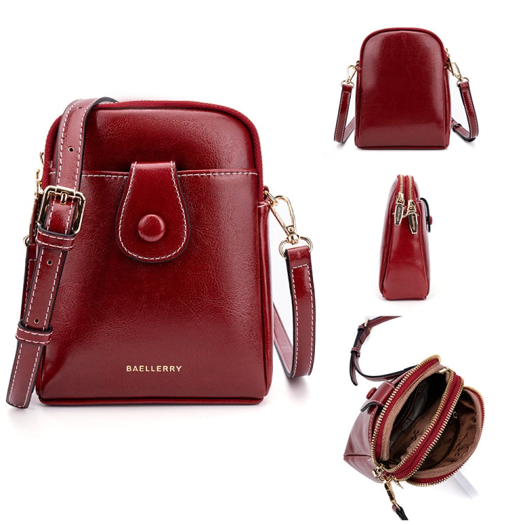 Baellerry N8925 Oil Wax Leather Double Zipper Mobile Phone Bag Shoulder Crossbody Coin Purse(Red)