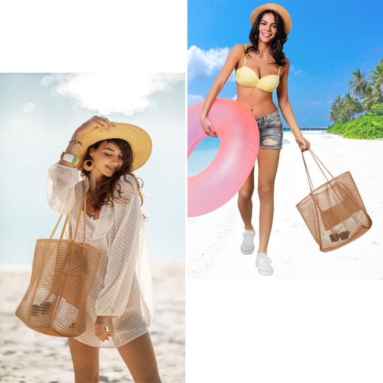 Folding Beach Bag Mesh Tote Handbag Women Shoulder Bag(Khaki)