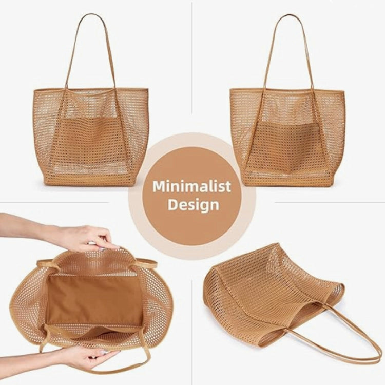 Folding Beach Bag Mesh Tote Handbag Women Shoulder Bag(Khaki)