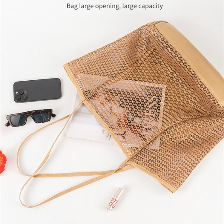 Folding Beach Bag Mesh Tote Handbag Women Shoulder Bag(Khaki)